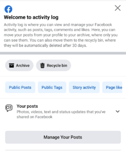 Facebook activity log