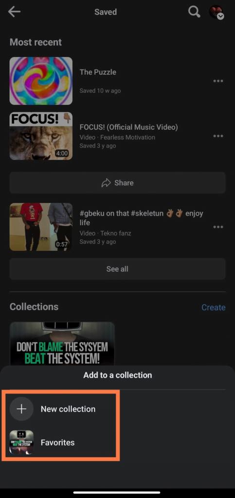 How to add saved Facebook videos to Collection