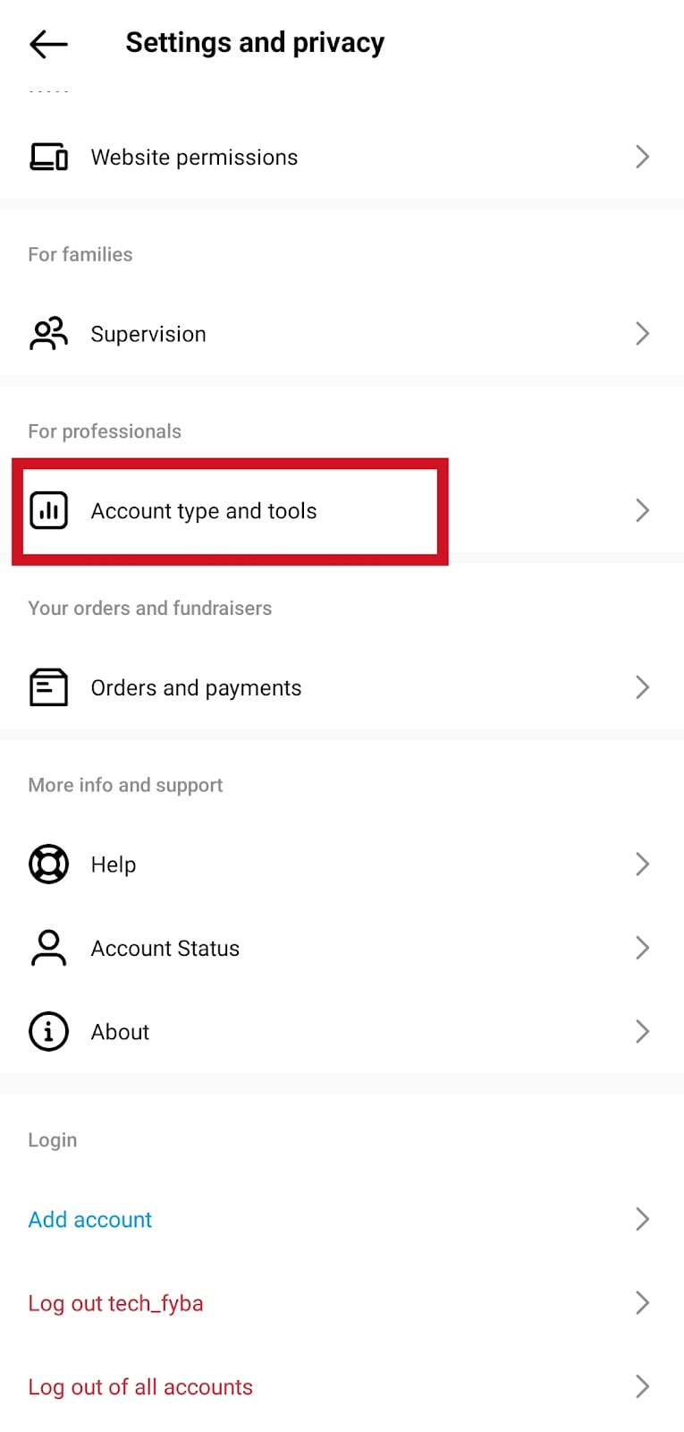 Account type on Instagram 